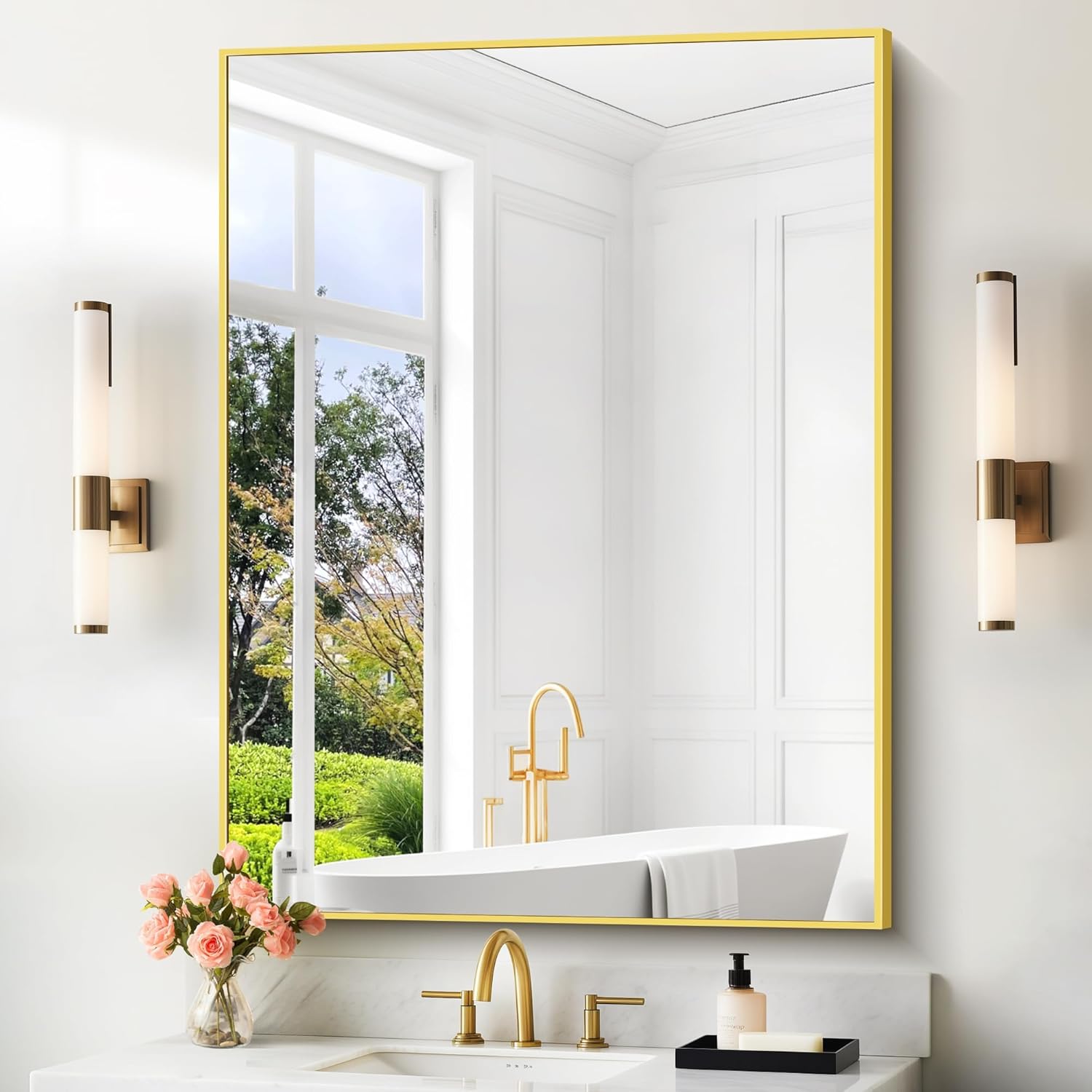 COFENY 36x55inch Bathroom Mirror, Gold Rectangle Mirror with Thin Metal Frame, Large Rectangular Wall Mirror for Bathroom, Living Room, Hair Salon, Big Farmhouse Mirror Hang Horizontal/Vertical